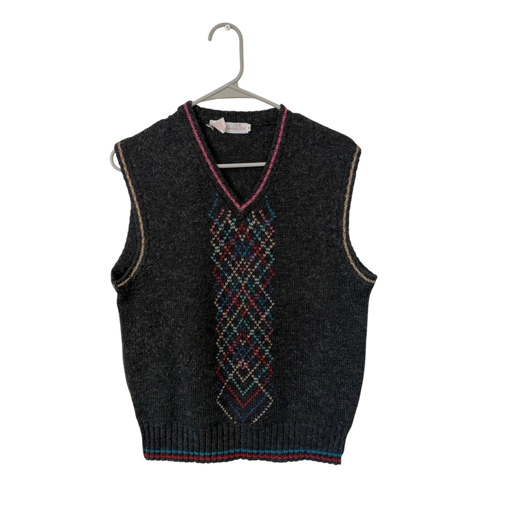 Goldwaters Gray Multicolor Geometric 100% Virgin Wool Sweater Vest, M